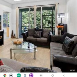 Living Room Set (2 Leather Sofas + 2 Glass Tables