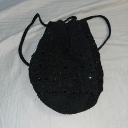 Black Beaded Crochet Drawstring Backpack Bag Matching Coin Purse New B005