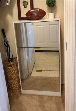 White Mirrored Shoe Cabinet with Gold Handles