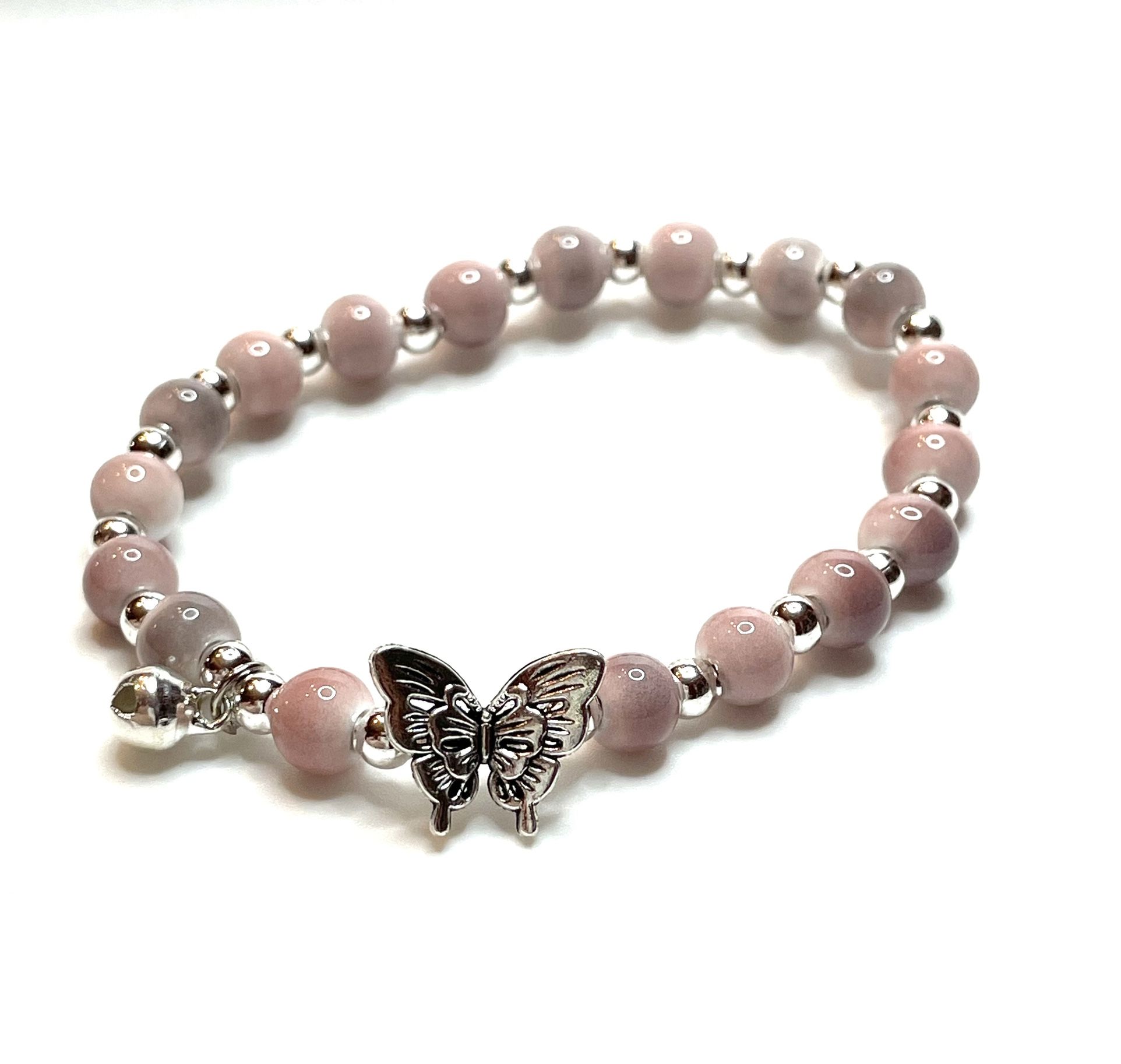 Quartz pink beaded bracelet silver butterfly charm bell ceramic