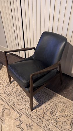 Pottery Barn Fairview Leather Armchair in Durango Smoke with dark wood frame