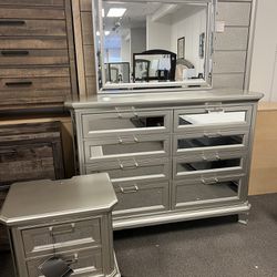 Contemporary Silver Dresser, Mirror & Nightstand