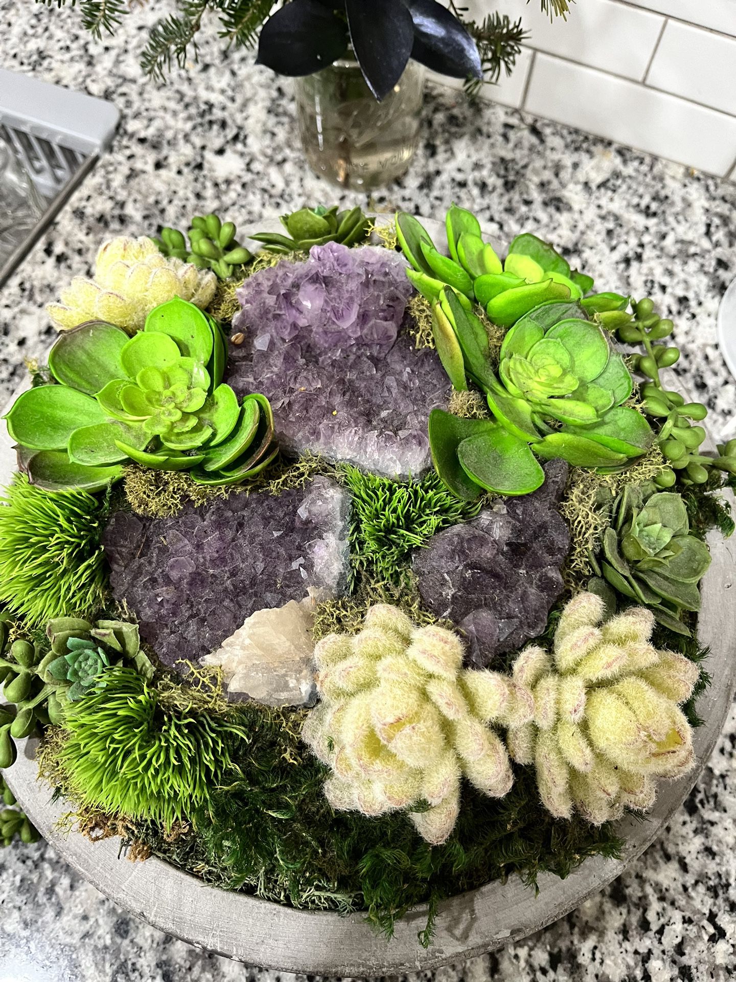 Succulents with Amethyst in Concrete Bowl