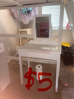 White Vanity Desk with Mirror and Drawer
