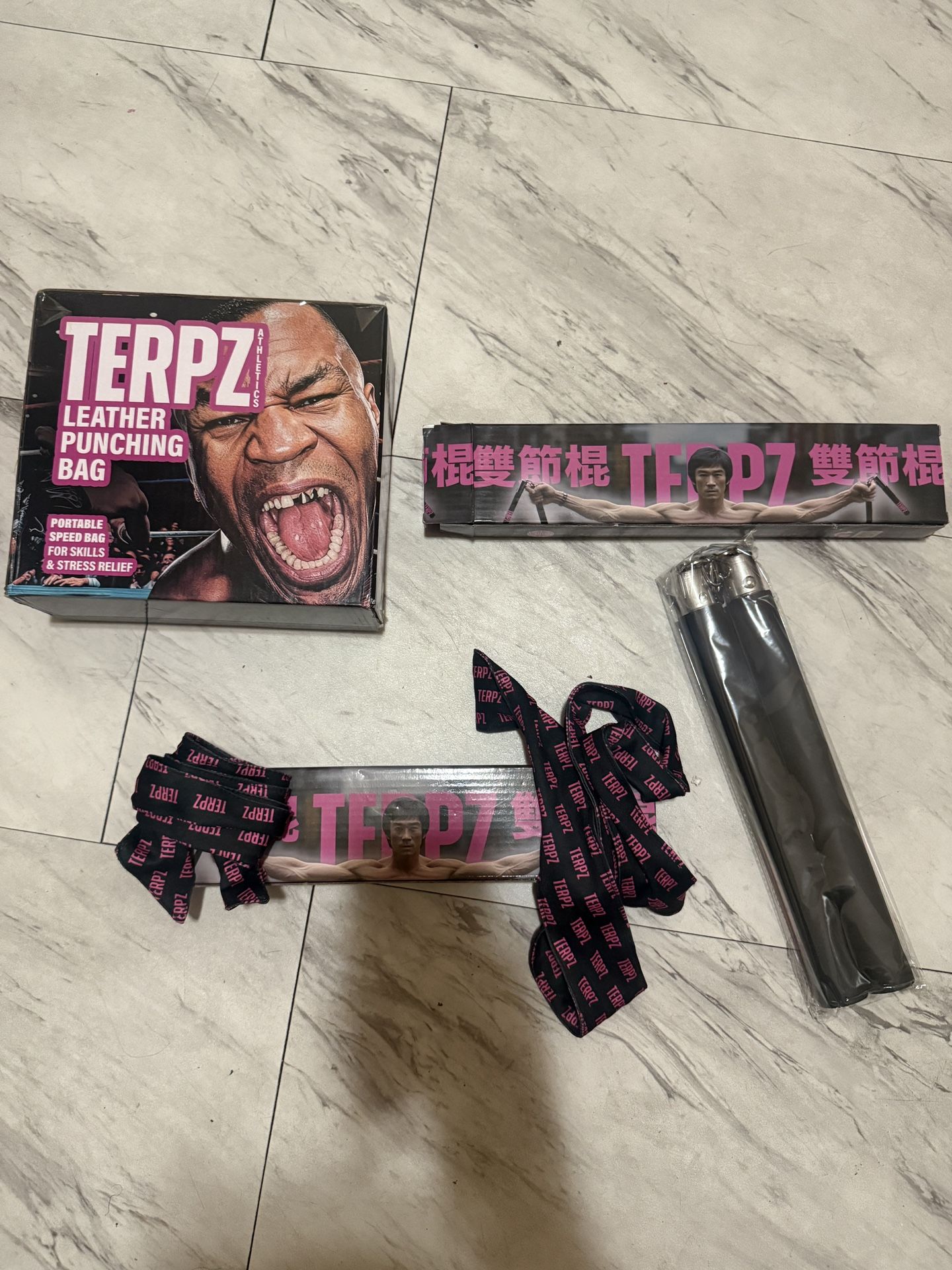 terpz leather punching bag, terpz nunchucks and headband