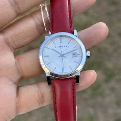 Burberry  Ladies Swiss Made red Leather Strap Watch silver dial