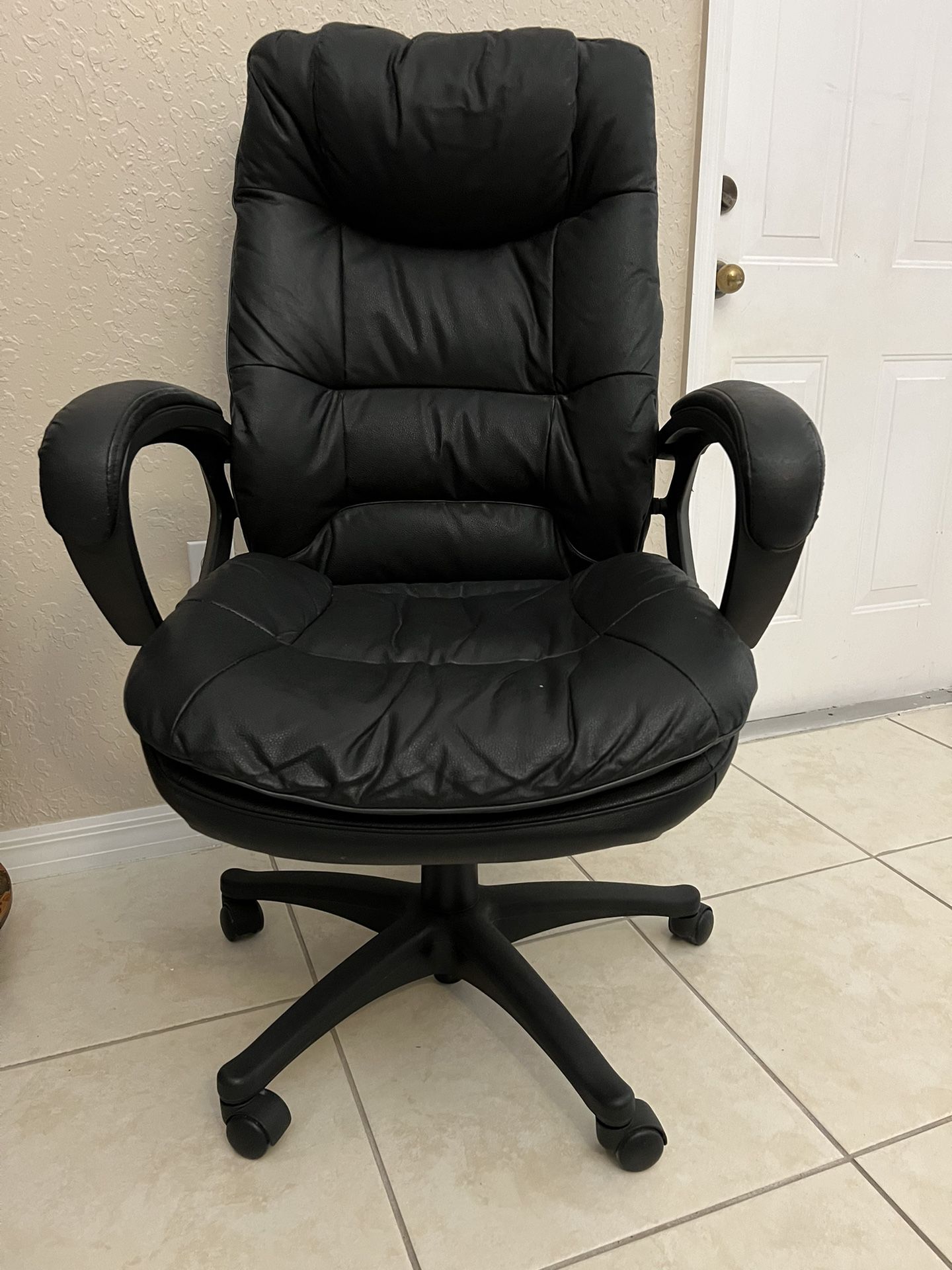 Big black desk Chair, 45’ H, 27’’W,  27’ D  ($20.)