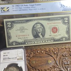 1887 Ms 64 Graded Ngc Rainbow Toned Crescent With A Pcs Graded Two Dollar Red Bank Note