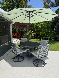 48" Table , chairs, umbrella and lounge chairs