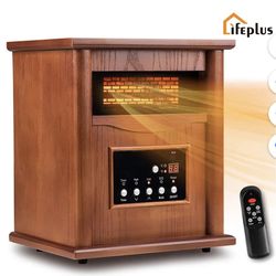 LifePlus Infrared Space Heaters for Home, Portable Wood Electric Quartz Heater with Remote Control