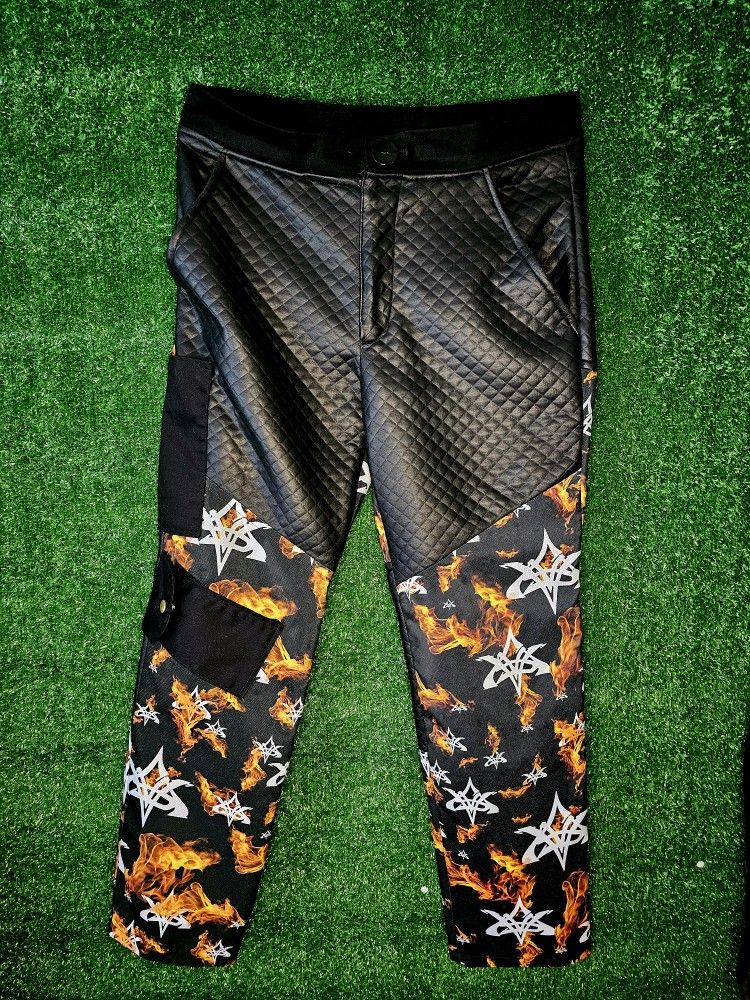 VMS Flame Print & Quilted Faux Leather Pants | Urban Streetwear Joggers | Unisex Designer Fire Pants | Bold Hip Hop Fashion