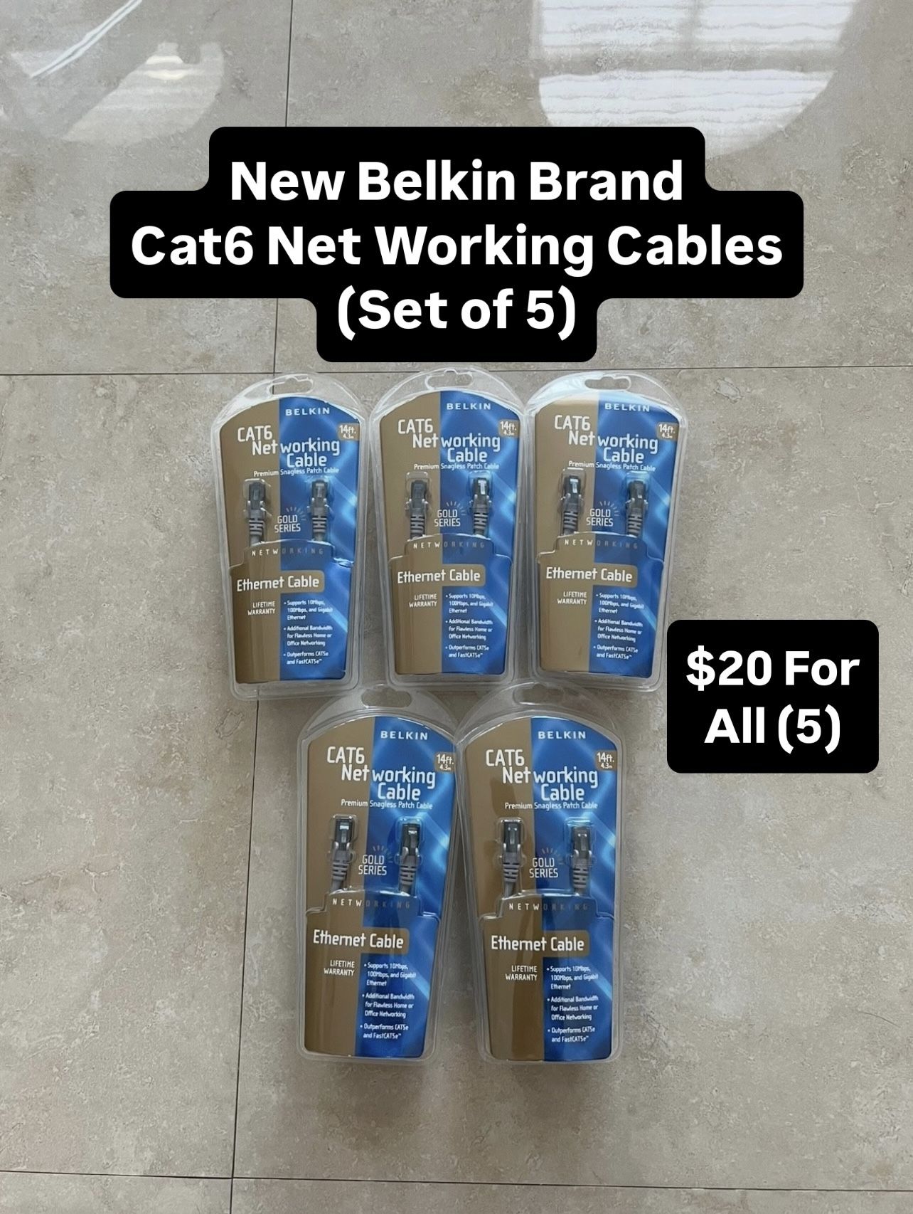 Brand New Belkin Brand Cat6 Net Working Cable (Set Of 5) Pickup Today Available