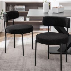 Black Boucle Dining Chairs Set of 2, Upholstered Dining Room Chairs with Black Metal Legs, Round Modern Dining Chair for Dining Room, Kitchen
