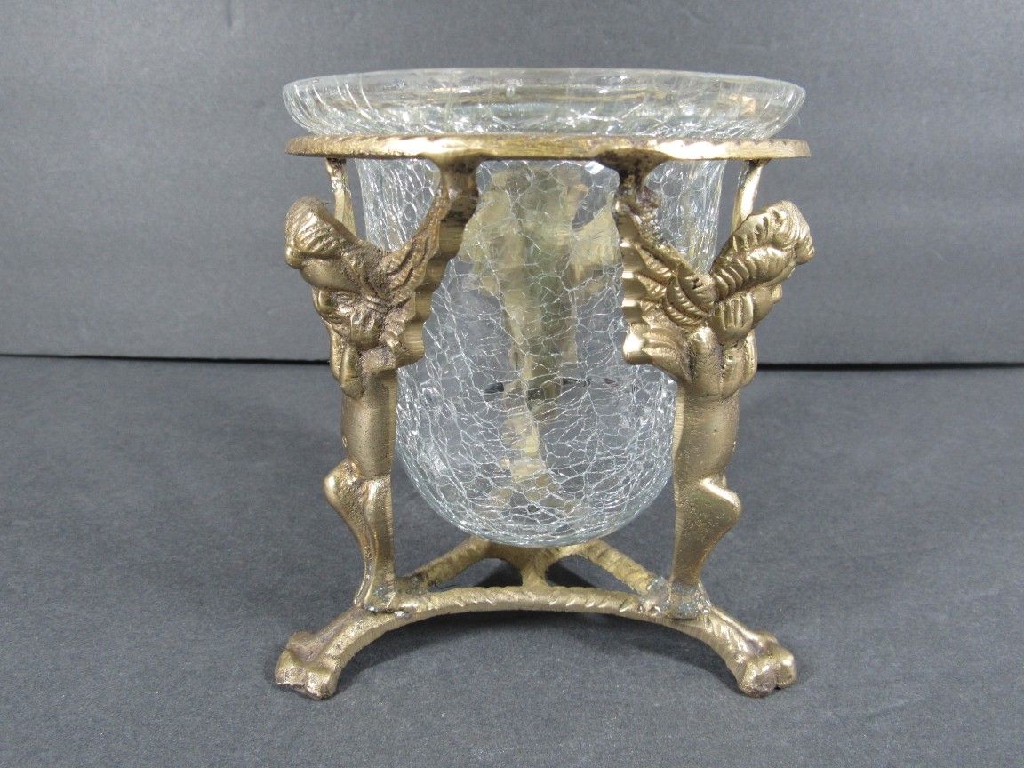 Crackle Glass Candle Holder With Cherub Angels Solid Brass Stand