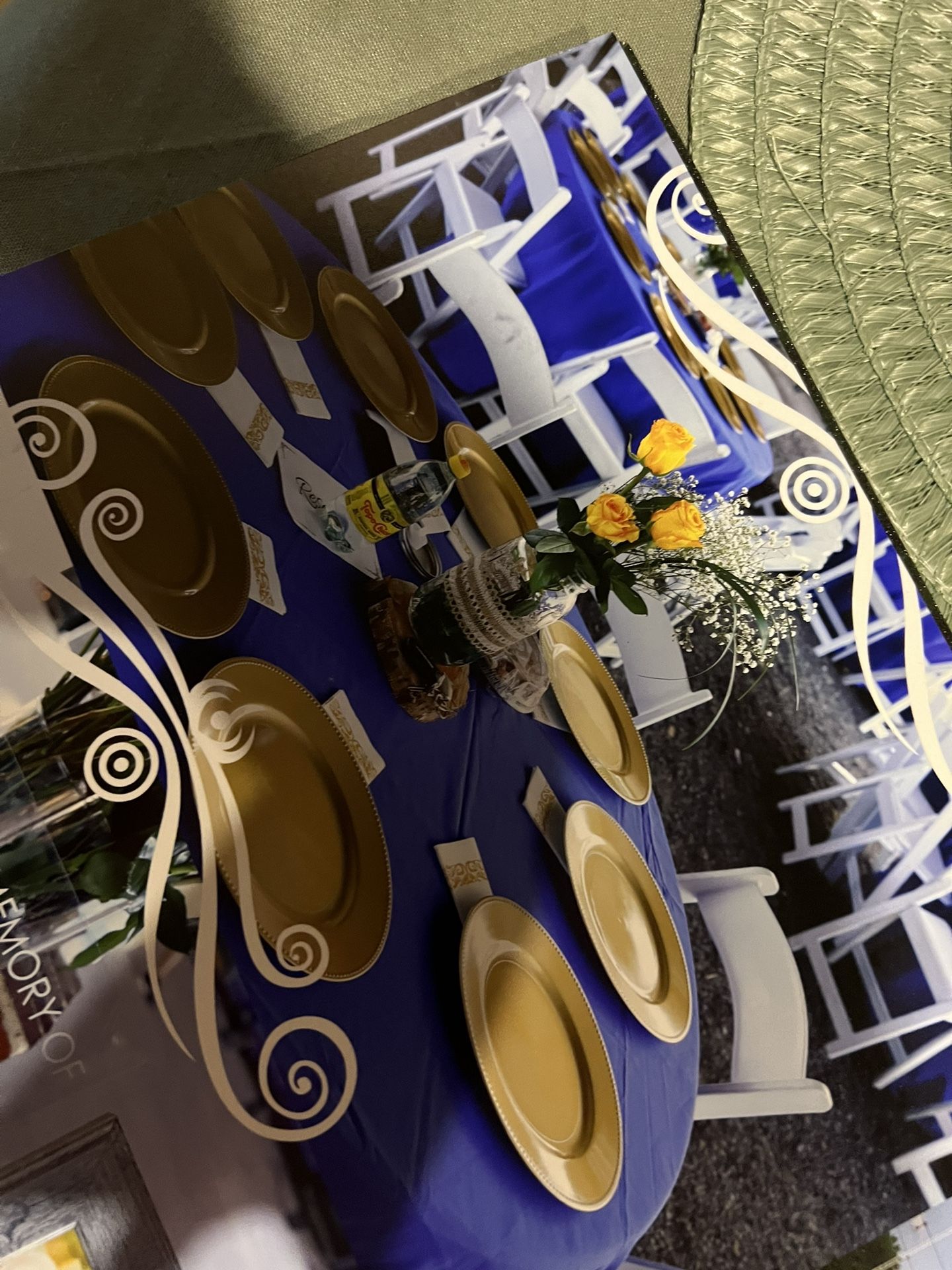 Gold Charger Plates And Royal Blue Round Table Cloth