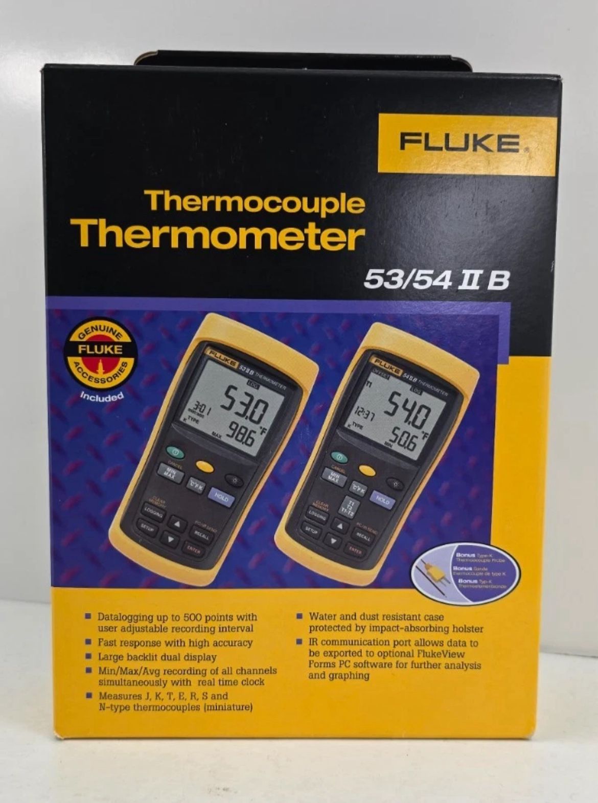 FLUKE IS -54-2 B 60HZ 54-2 Dual Input Digital Thermometer with USB Recording, 3 AA Battery, -418 to 3212 Degree F Range, 60 Hz Noise Rejection