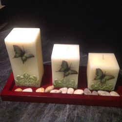 Set Of Three Butterfly Square Pillar Candles With Mango Wood Tray & Stones Pottery Barn Brand New Boxed