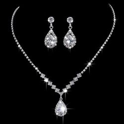 Bride Wedding Necklace Earrings Set Silver Rhinestones Necklaces Bridal Crystal Jewelry Accessories for Women and Girls (Set of 3)