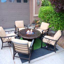Patio Set Fire Pit And 5 Rocking Chairs With Cushions 