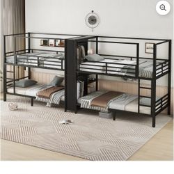 Zaboro Twin Size Quadruple Metal Bunk Bed Frame, Quadruple Metal Bunk Bed with Built-in Storage Shelves and Wardrobe, Sturdy Metal Frame for Bedroom, 