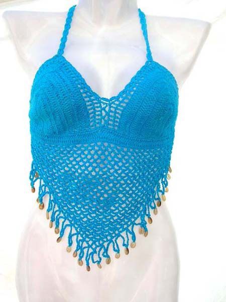 Blue crochet halter top with shell and beaded details Size Small