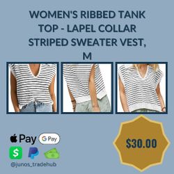 Women's Ribbed Tank Top - Lapel Collar Striped Sweater Vest, M