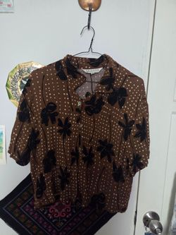 Vintage Style Floral & Polka Dot Short Sleeve Button-Down Blouse - Size S