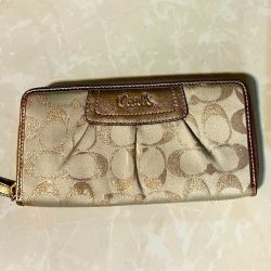 Coach Charlie C Signature Zip Around Wallet, Gold with Purple Interior