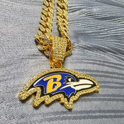 Baltimore Ravens Cuban Link Chain Pendant Necklace Gold Iced Out 18 Inches