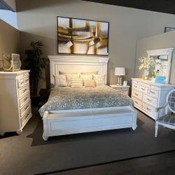 White King Bed, Dresser, Mirror And One Nightstand