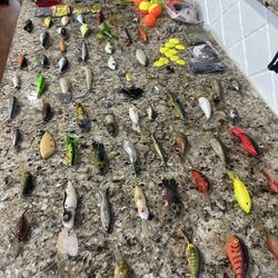 Huge Fishing Lure Lot 65 Plus Hooks Weights Box Etc 