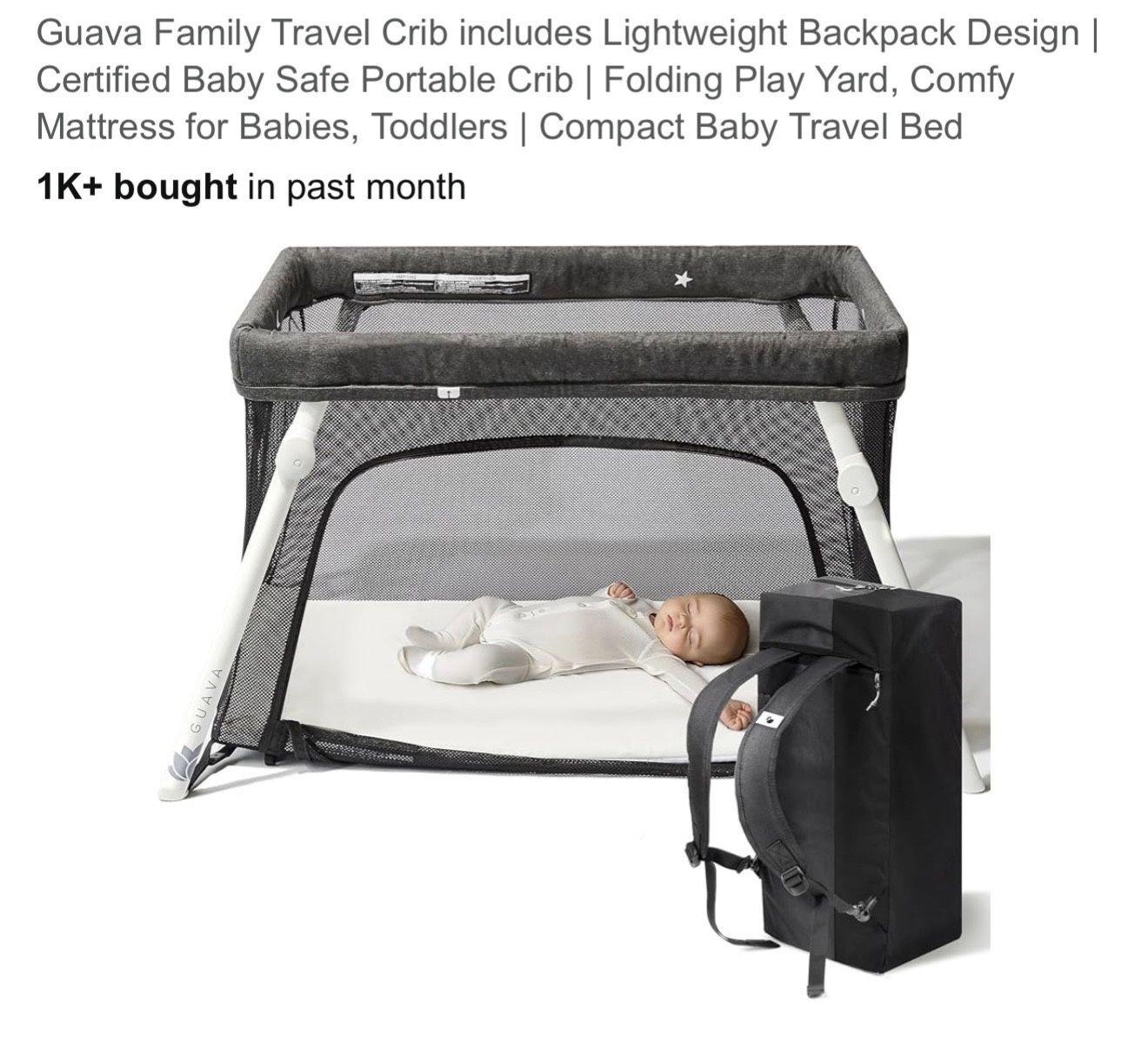 Guava Family Travel Crib. Includes Lightweight Backpack Design. Certified Baby Safe Portable Crib.