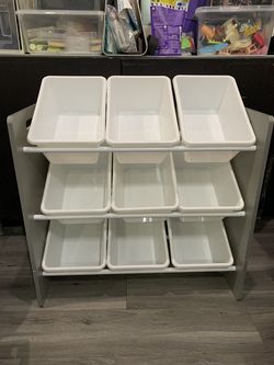 Toy Storage Organizer with 9 Plastic Bins – Great Condition