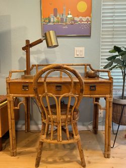 RARE Set! Vintage Rattan Chinese Chippendale style bamboo Desk & Chair No Tears.