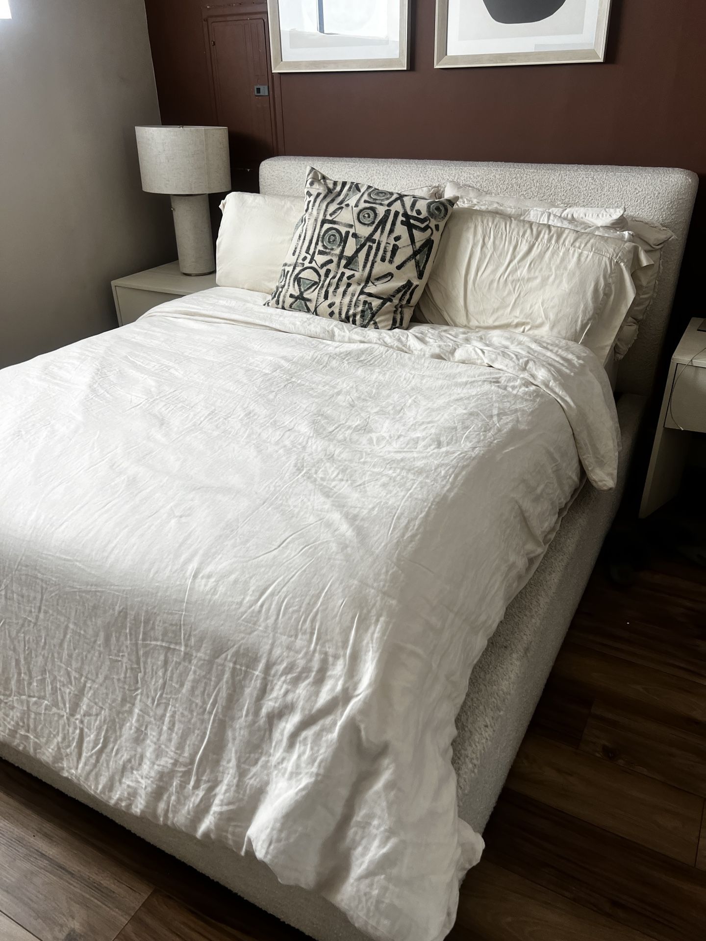 Queen bed- Boucle/Cream (Mattress For Sale Also)