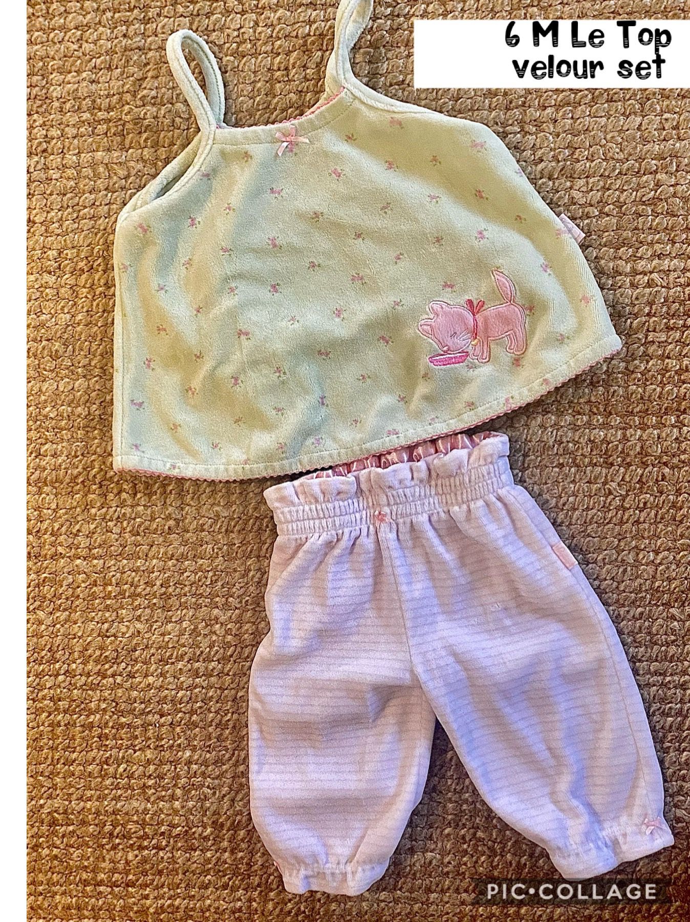 6 M Le Top velour set so soft, pink stripe, comfy bottoms, peel green kitten, rose bed swing top just add turtleneck or onesie nice and warm