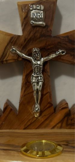 Table top crucifix with holy land soil