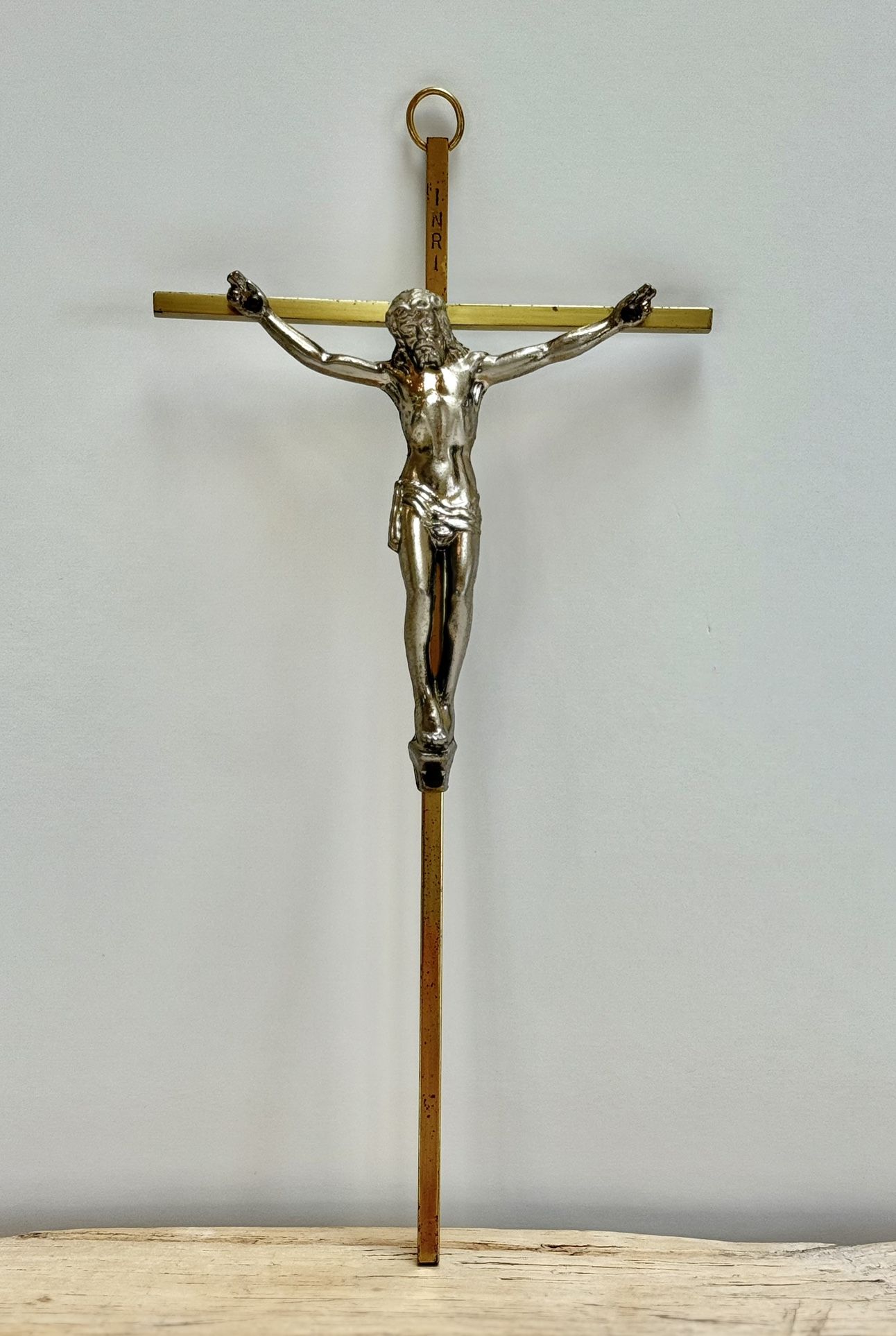 Vintage Crucifix Wall Hanging INRI Jesus Christ on The Cross 10" Brass | Two-Tone Crucifix