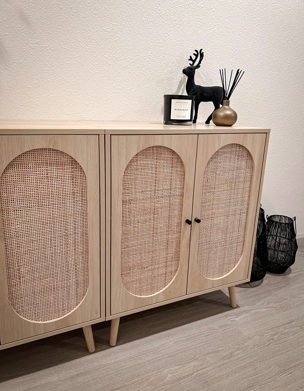 Set Of 2 Sideboard Buffet Cabinet, Kitchen Storage Cabinet with Rattan Doors and Adjustable Shelves