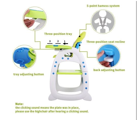 TOBBI Baby High Chair 3 in 1 Convertible Play Seat Booster Toddler with Feeding Tray, Green