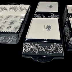 Baum Floral Vines 5-Piece Ceramic Bakeware Set with Rectangular Dishes, Black