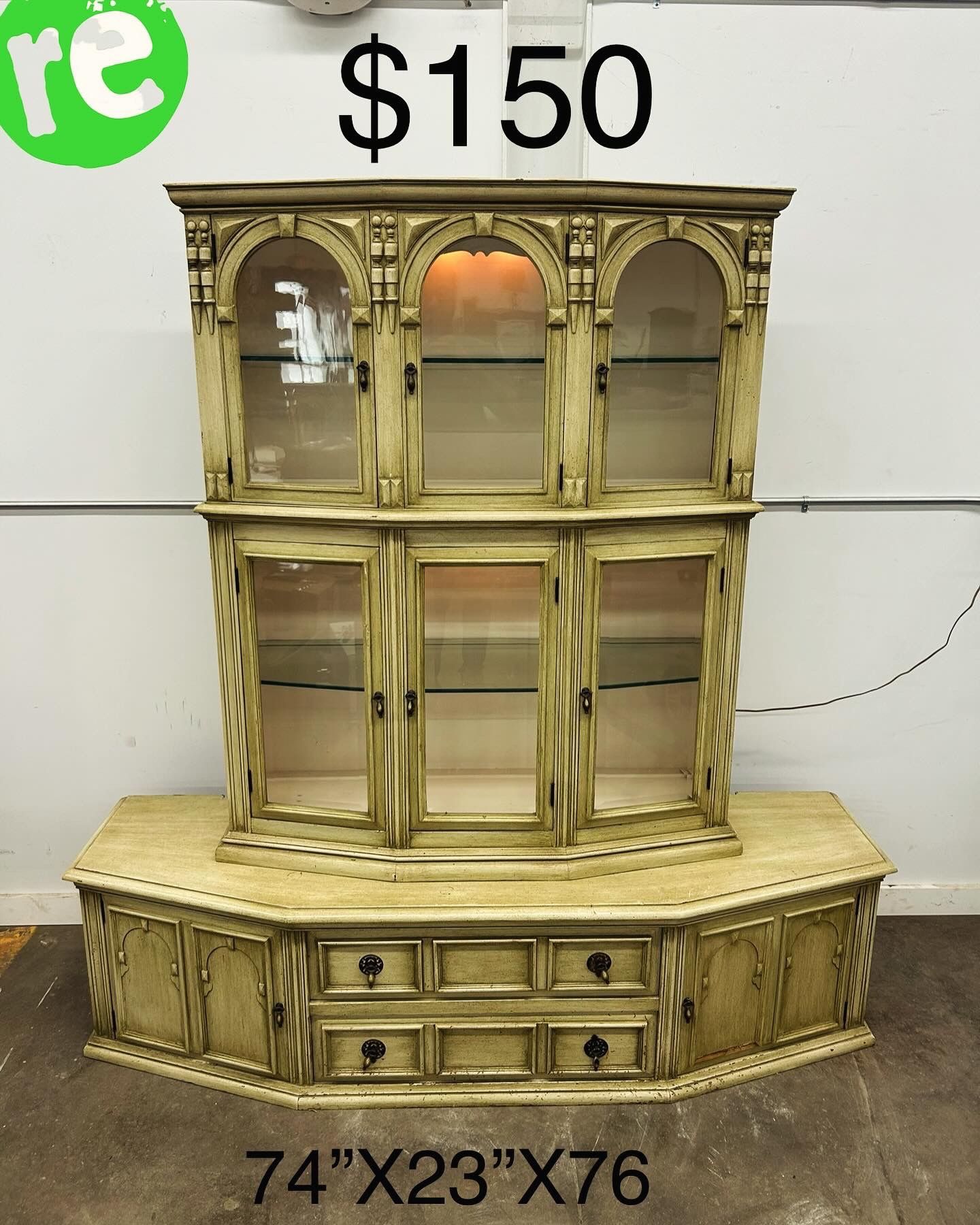 Vintage French 2 Pieces China Cabinet with 8 Doors, 4 Shelves, 2 Drawers and 2 Cabs
