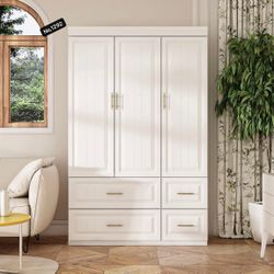 3 Doors Wardrobe Armoire with 4 Drawers, 47.2" Wide Large Freestanding Armoire Wardrobe Closet with Shelves & Hanging Rod, Bedroom Clothes Storage Cab