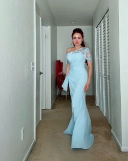 New with Tag, Light blue one shoulder dress with lace detailing on the shoulder and waist, size 2.
