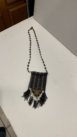 Vintage Seed Bead Beaded Necklace Pouch/Purse with Fringe Tassels Medicine Bag Pages Amulet Case