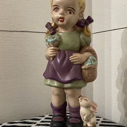 Vintage Girl And Rabbit Sculpture Signed And Dated 