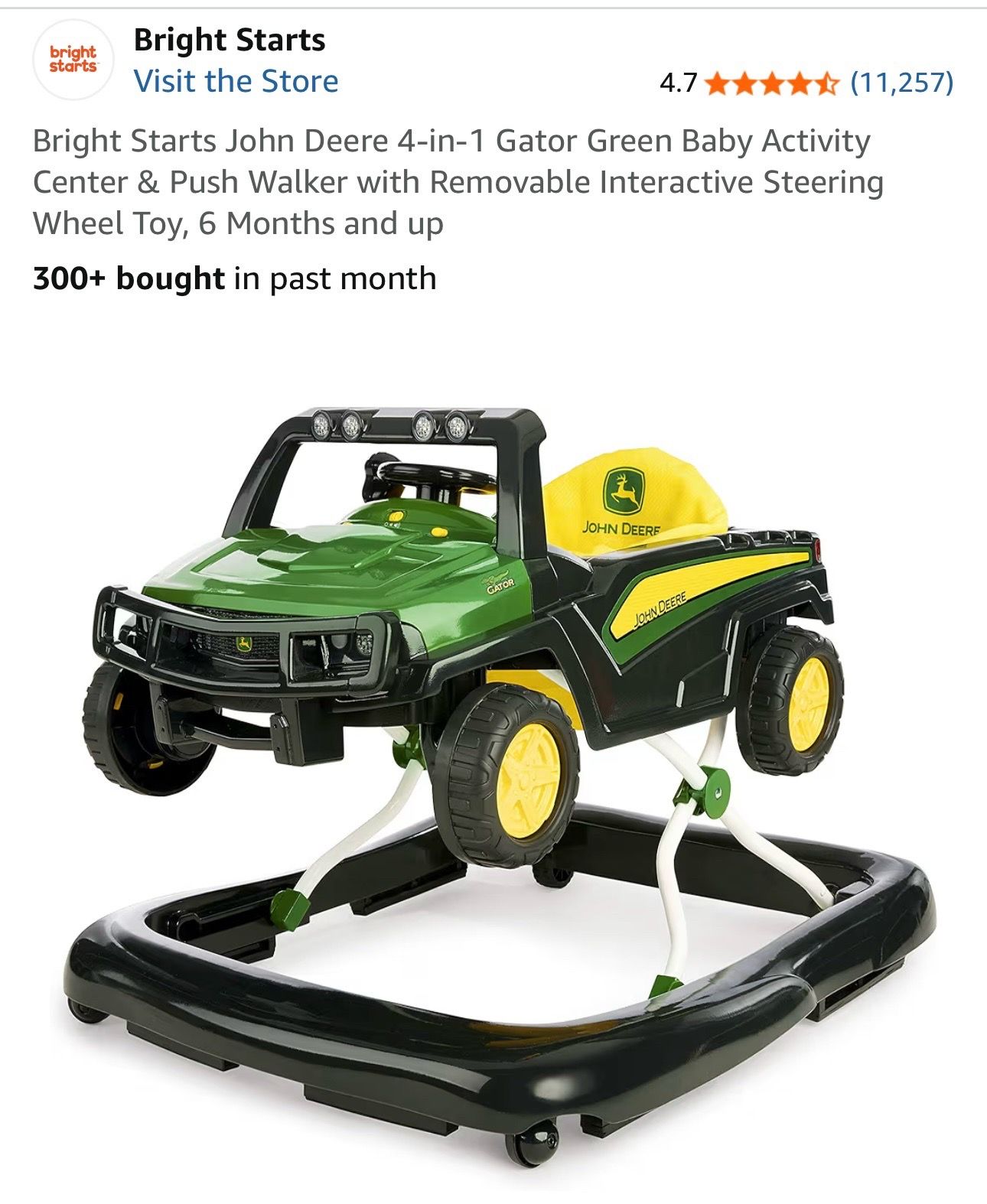 Bright Starts John Deere 4-in-1 Gator Green Baby Activity Center & Push Walker with Removable