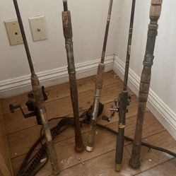 5 Antique Fishing Poles And Antique Bait Box With Baits, Lures, Hooks, And Reels