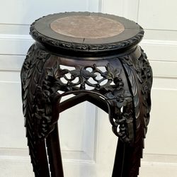 ⭕️ Antique Chinese Carved Wood And Marble Plant Stand 33” Tall
