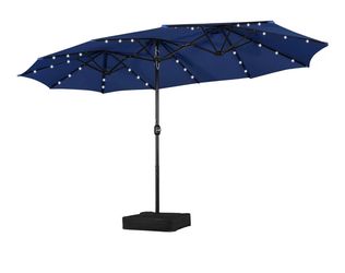 15FT Double-Sided Patio Umbrella w/Solar Lights & Base, Navy Blue